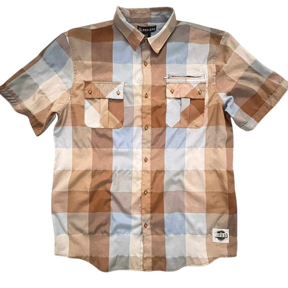 Red Ape Block 4XL Plaid SS Button Up Shirt Tan Blue Big & Tall Streetwear